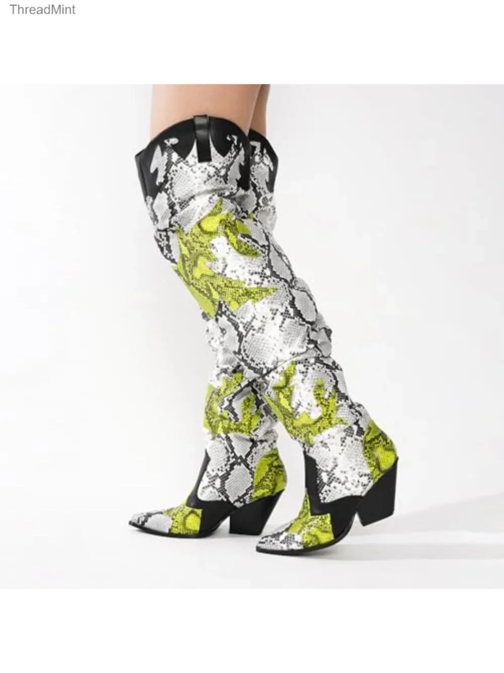 Faux Snakeskin Thigh High Cowboy Boots Chunky Heel Over Knee Western Booties